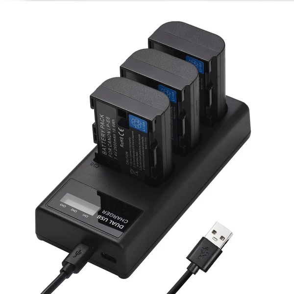 LP-E6 akkumulátortöltő 3 nyílásos töltő LED jelzőkkel Micro USB és C típusú port + 3db LP-E6 akkumulátor 7,4 V 2650 mAh