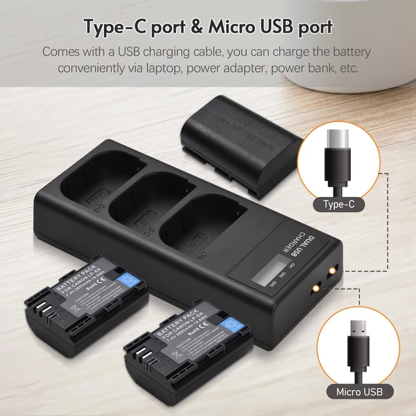 LP-E6 akkumulátortöltő 3 nyílásos töltő LED jelzőkkel Micro USB és C típusú port + 3db LP-E6 akkumulátor 7,4 V 2650 mAh