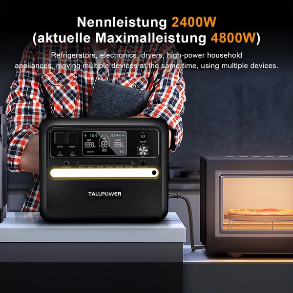 TALLPOWER V2400 hordozható erőmű 2160 Wh LiFePo4 napelem generátor 2400 W AC kimenet - Fekete