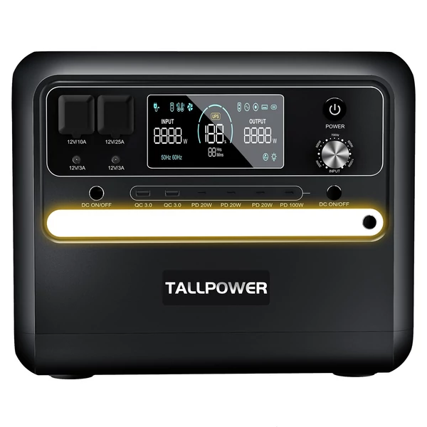 TALLPOWER V2400 hordozható erőmű 2160 Wh LiFePo4 napelem generátor 2400 W AC kimenet - Fekete