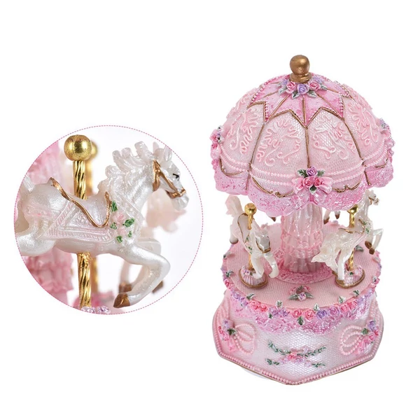 Luxus Dream 3 lovas forgó körhinta, felhúzható zenedoboz - Pink