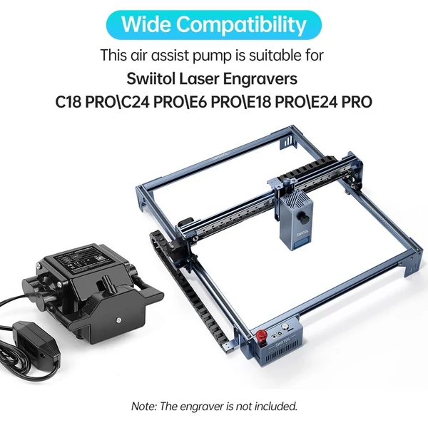 Swiitol E6 Pro 6W integrált szerkezetű lézergravírozó Y tengelyű forgóhengerrel és levegő segédszivattyúval, valamint 8 db magasra emelt talpbetéttel és 400x400 mm-es méhsejt munkaasztallal