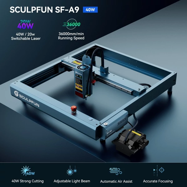 Sculpfun SF-A9 40 W-os lézergravírozó automata légrásegítéssel és Y tengelyű forgóhengerrel és 400x400 mm-es méhsejt munkaasztallal