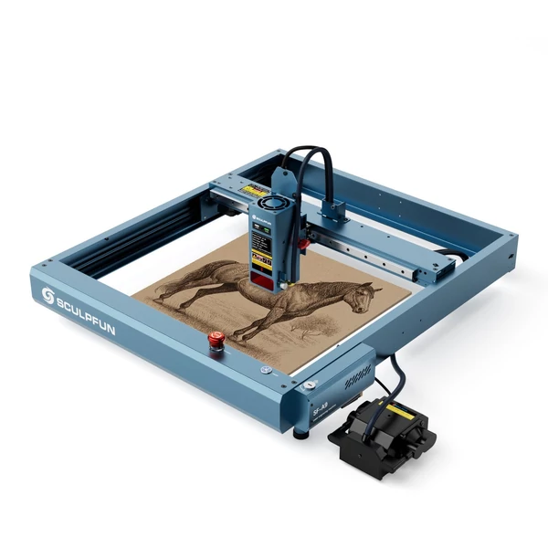 Sculpfun SF-A9 40 W-os lézergravírozó automata légrásegítéssel és Y tengelyű forgóhengerrel és 400x400 mm-es méhsejt munkaasztallal