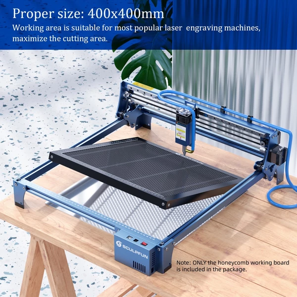 Sculpfun SF-A9 40 W-os lézergravírozó automata légrásegítéssel és Y tengelyű forgóhengerrel és 400x400 mm-es méhsejt munkaasztallal