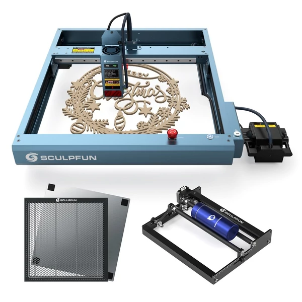 Sculpfun SF-A9 40 W-os lézergravírozó automata légrásegítéssel és Y tengelyű forgóhengerrel és 400x400 mm-es méhsejt munkaasztallal