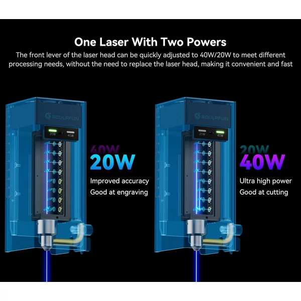 Sculpfun SF-A9 40 W-os lézergravírozó automata légrásegítéssel és 4 az 1-ben Y-tengelyes forgóhengerrel és 400x400 mm-es méhsejt munkaasztallal