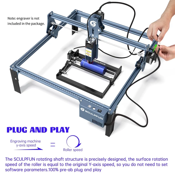 Sculpfun SF-A9 40 W-os lézergravírozó automata légrásegítéssel és Y-tengelyű forgóhengerrel, CAM500 kamerával és 400x400 mm-es méhsejt munkaasztallal