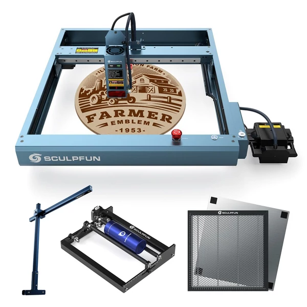 Sculpfun SF-A9 40 W-os lézergravírozó automata légrásegítéssel és Y-tengelyű forgóhengerrel, CAM500 kamerával és 400x400 mm-es méhsejt munkaasztallal