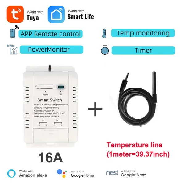 Tuya WiFi intelligens energiaáram-megszakító kapcsoló (16A kapcsoló 1 m-es hőmérsékleti vezetékkel)