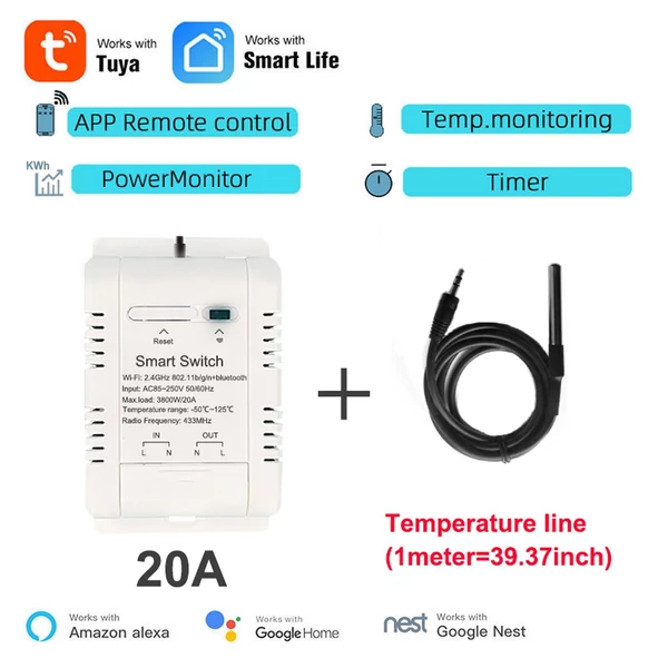 Tuya WiFi intelligens energiaáram-megszakító kapcsoló (20A kapcsoló 1 m-es hőmérsékleti vezetékkel)