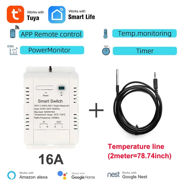 Tuya WiFi intelligens energiaáram-megszakító kapcsoló (16A kapcsoló 2 m-es hőmérsékleti vezetékkel)