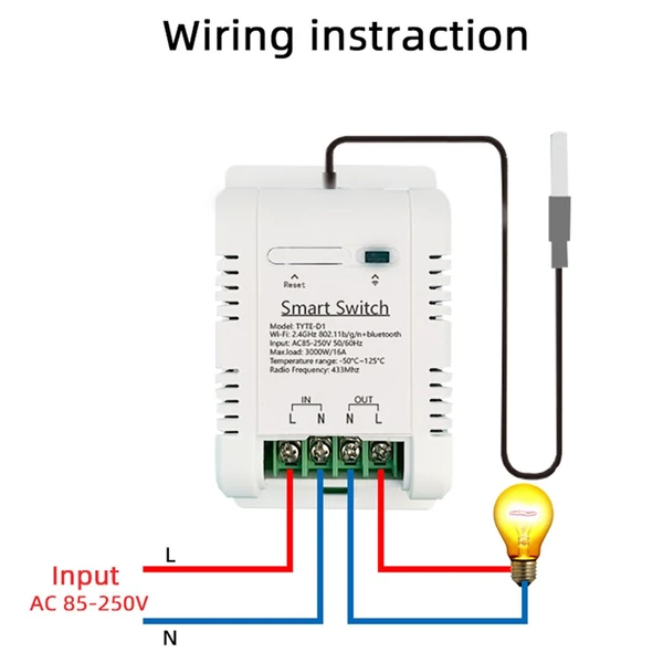 Tuya WiFi intelligens energiaáram-megszakító kapcsoló (16A kapcsoló 2 m-es hőmérsékleti vezetékkel)