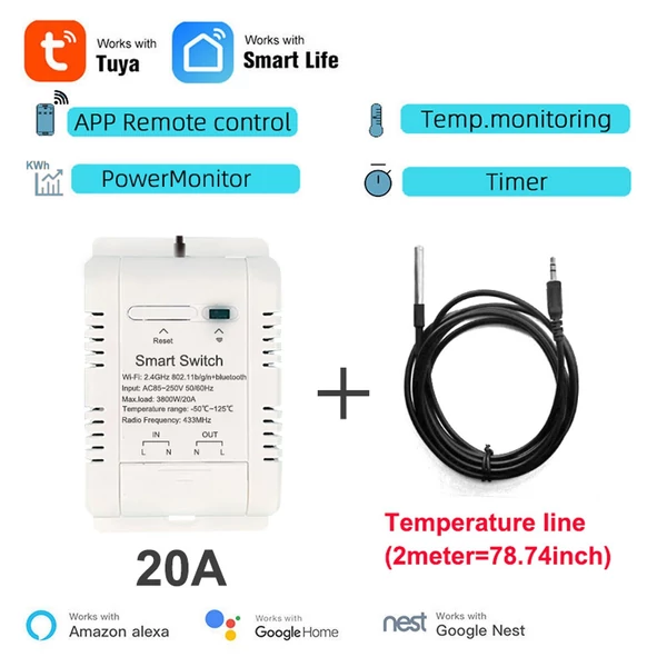 Tuya WiFi intelligens energiaáram-megszakító kapcsoló (20A kapcsoló 2 m-es hőmérsékleti vezetékkel)