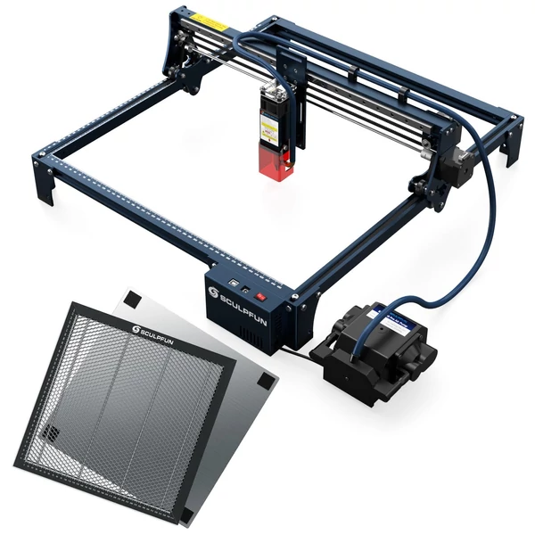 SCULPFUN S30 Pro 10 W-os lézergravírozó automatikus levegő-rásegítő rendszerrel és 400x400 mm-es méhsejt munkaasztallal
