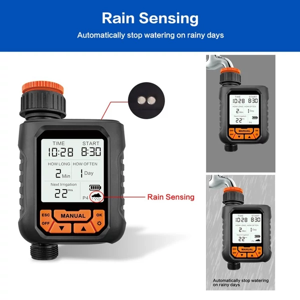 Kültéri esőztető időzítő a kerthez tömlővel, 1 kimenetű nagy LCD-képernyővel (Eső érzékelővel)