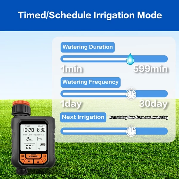 Kültéri esőztető időzítő a kerthez tömlővel, 1 kimenetű nagy LCD-képernyővel (Eső érzékelővel)