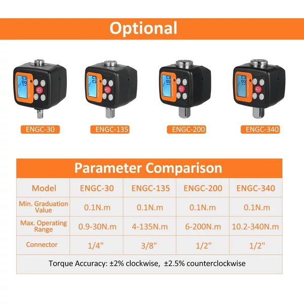 ENGC-200 digitális kijelzős nyomatékmérő 1/2" - 1/4", 1/2" - 3/8" adapterekkel