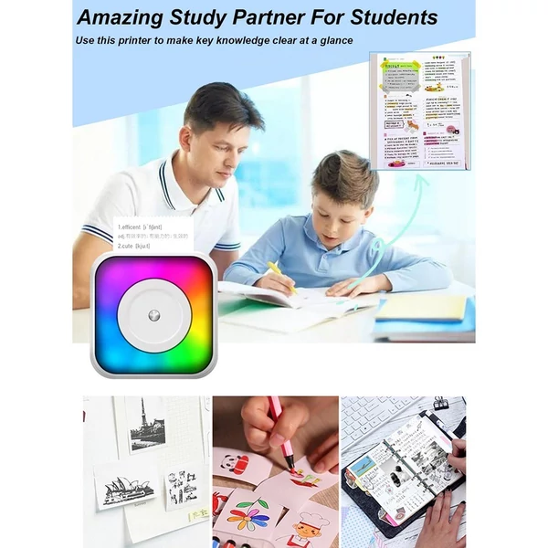 Mini többfunkciós matricakészítő hőnyomtató RGB fénnyel, azonnali fényképpel, tintamentes nyomtatással, BT-csatlakozás támogatásával okostelefonhoz - 1x 57 mm-es papírtekerccsel