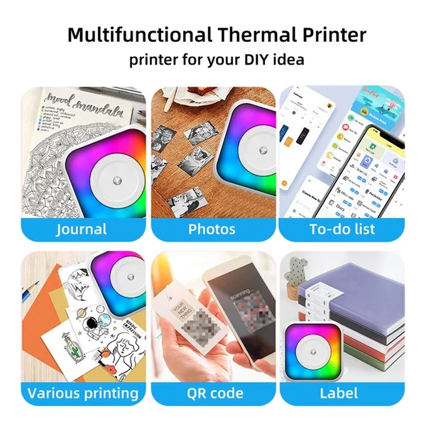 Mini többfunkciós matricakészítő hőnyomtató RGB fénnyel, azonnali fényképpel, tintamentes nyomtatással, BT-csatlakozás támogatásával okostelefonhoz - 6x 57 mm-es papírtekerccsel + 5 öntapadó papírtekerccsel