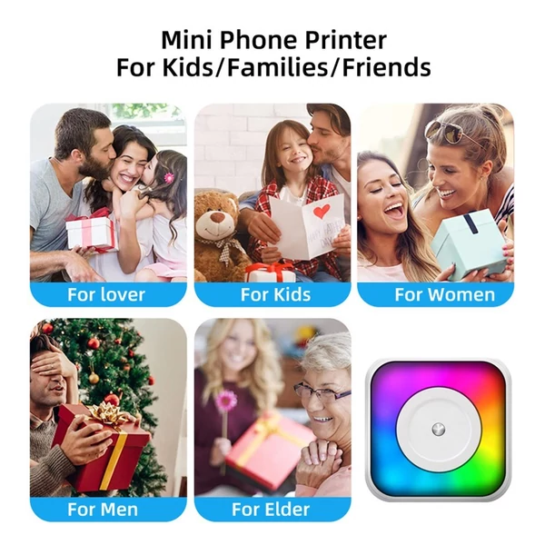 Mini többfunkciós matricakészítő hőnyomtató RGB fénnyel, azonnali fényképpel, tintamentes nyomtatással, BT-csatlakozás támogatásával okostelefonhoz - 6x 57 mm-es papírtekerccsel