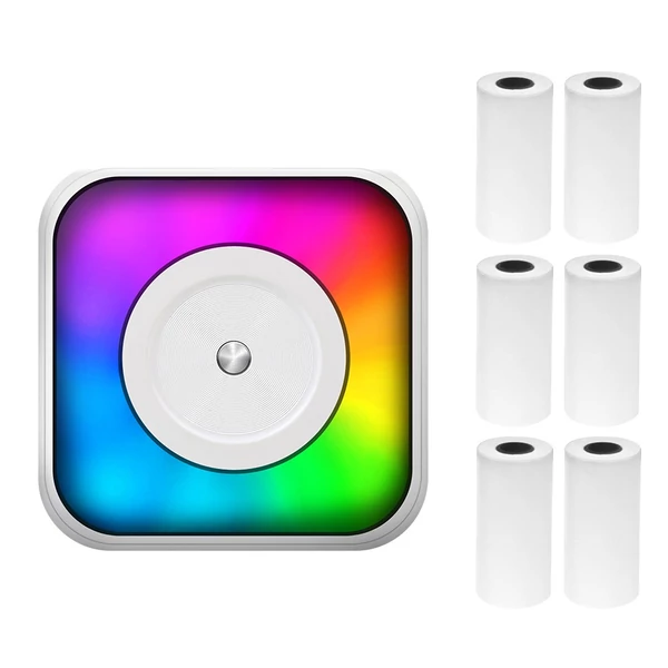 Mini többfunkciós matricakészítő hőnyomtató RGB fénnyel, azonnali fényképpel, tintamentes nyomtatással, BT-csatlakozás támogatásával okostelefonhoz - 6x 57 mm-es papírtekerccsel