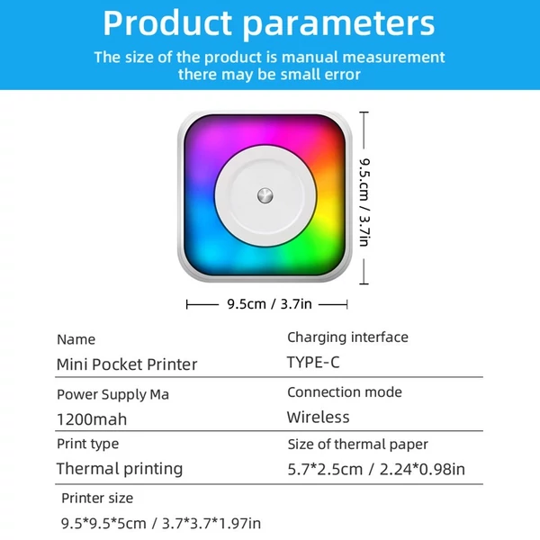 Mini többfunkciós matricakészítő hőnyomtató RGB fénnyel, azonnali fotóval, tintamentes nyomtatással, BT-csatlakozás támogatása okostelefonhoz - 9x 57 mm-es papírtekerccsel + 5 öntapadó papírtekerccsel + 5 db színes jelölővel