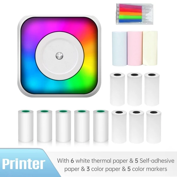 Mini többfunkciós matricakészítő hőnyomtató RGB fénnyel, azonnali fotóval, tintamentes nyomtatással, BT-csatlakozás támogatása okostelefonhoz - 9x 57 mm-es papírtekerccsel + 5 öntapadó papírtekerccsel + 5 db színes jelölővel