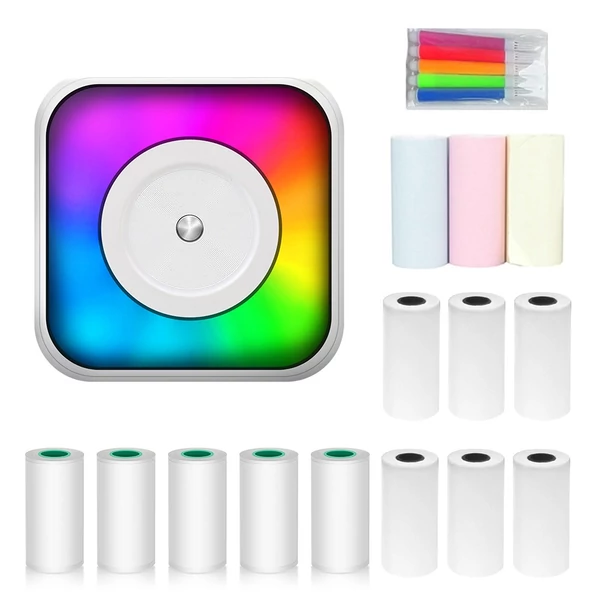 Mini többfunkciós matricakészítő hőnyomtató RGB fénnyel, azonnali fotóval, tintamentes nyomtatással, BT-csatlakozás támogatása okostelefonhoz - 9x 57 mm-es papírtekerccsel + 5 öntapadó papírtekerccsel + 5 db színes jelölővel