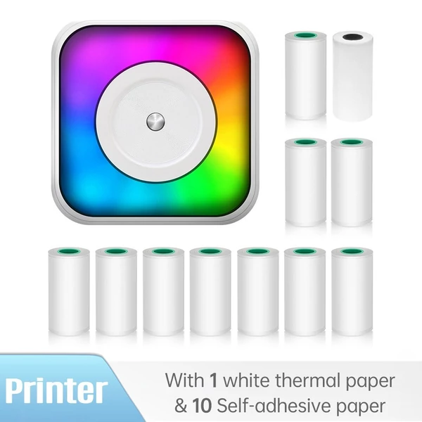 Mini többfunkciós matricakészítő hőnyomtató RGB fénnyel, azonnali fényképpel, tintamentes nyomtatással, BT-csatlakozás támogatásával okostelefonhoz - 1 db 57 mm-es papírtekerccsel + 10 öntapadó papírtekerccsel