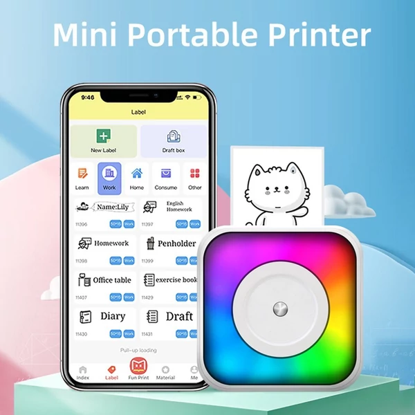 Mini többfunkciós matricakészítő hőnyomtató RGB fénnyel, azonnali fényképpel, tintamentes nyomtatással, BT-csatlakozás támogatásával okostelefonhoz - 1 db 57 mm-es papírtekerccsel + 10 öntapadó papírtekerccsel