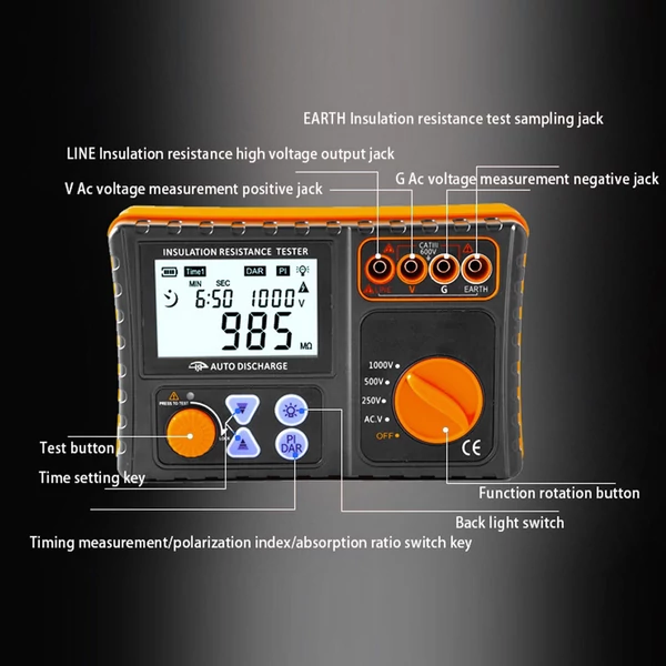 Digitális szigetelésellenállás-mérő 250V/500V/1000V Megohméter LCD kijelzővel