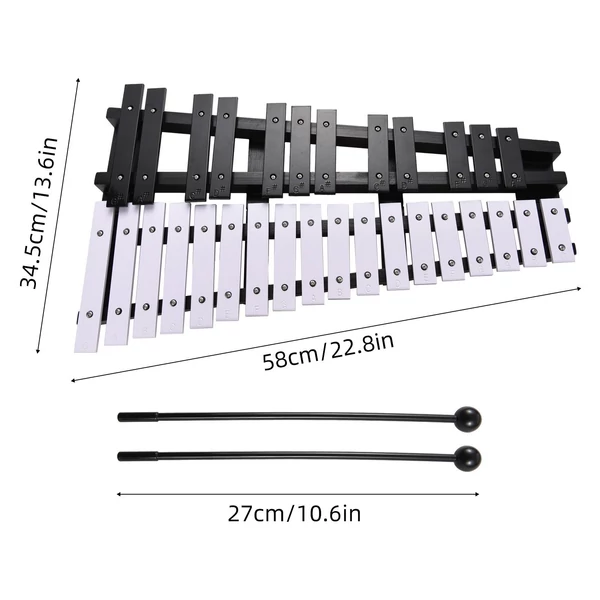 Glockenspiel összecsukható xilofon fa keret, 5 mm vastag alumínium rudak ütős hangszer (30 hang) - Fekete