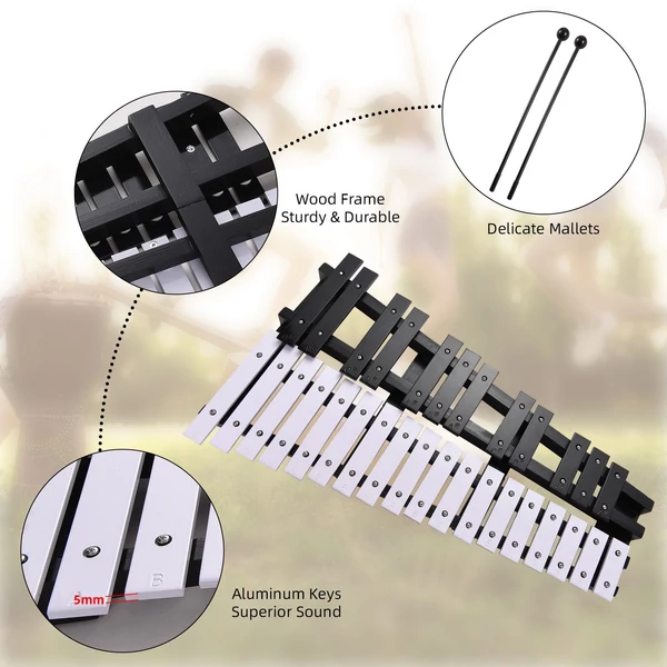 Glockenspiel összecsukható xilofon fa keret, 5 mm vastag alumínium rudak ütős hangszer (30 hang) - Fekete