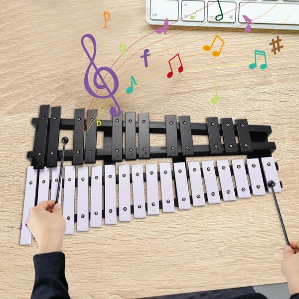 Glockenspiel összecsukható xilofon fa keret, 5 mm vastag alumínium rudak ütős hangszer (30 hang) - Fekete