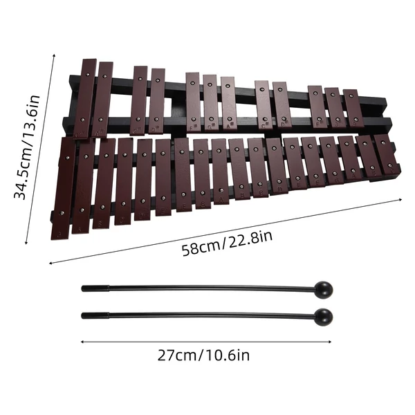 Glockenspiel összecsukható xilofon fa keret, 5 mm vastag alumínium rudak ütős hangszer (30 hang) - Kávé