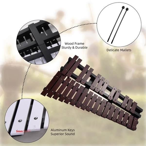 Glockenspiel összecsukható xilofon fa keret, 5 mm vastag alumínium rudak ütős hangszer (30 hang) - Kávé