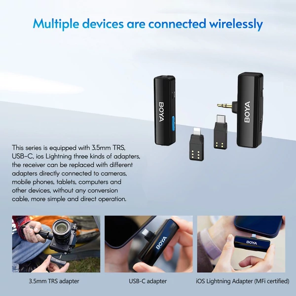 BOYA BOYALINK A1 2,4 GHz vezeték nélküli Lavalier Clip-on mikrofonrendszer 100 m átviteli hatótáv, zajcsökkentés, automatikus szinkron vevővel + 1db adó + 3db adapter