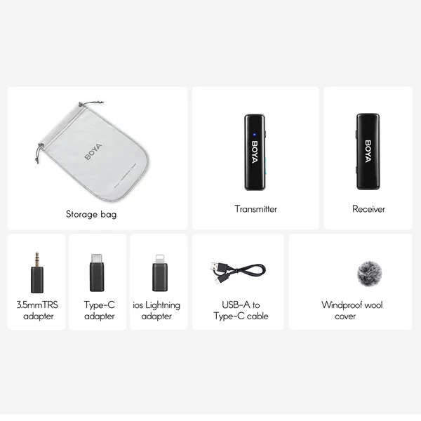 BOYA BOYALINK A1 2,4 GHz vezeték nélküli Lavalier Clip-on mikrofonrendszer 100 m átviteli hatótáv, zajcsökkentés, automatikus szinkron vevővel + 1db adó + 3db adapter