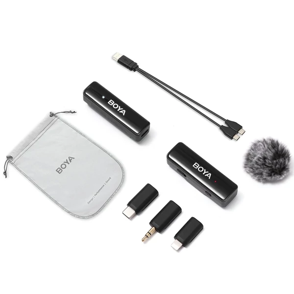 BOYA BOYALINK A1 2,4 GHz vezeték nélküli Lavalier Clip-on mikrofonrendszer 100 m átviteli hatótáv, zajcsökkentés, automatikus szinkron vevővel + 1db adó + 3db adapter