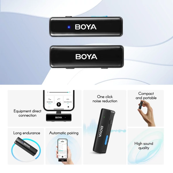 BOYA BOYALINK A1 2,4 GHz vezeték nélküli Lavalier Clip-on mikrofonrendszer 100 m átviteli hatótáv, zajcsökkentés, automatikus szinkron vevővel + 1db adó + 3db adapter