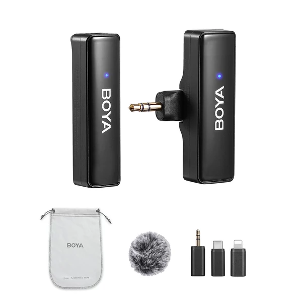 BOYA BOYALINK A1 2,4 GHz vezeték nélküli Lavalier Clip-on mikrofonrendszer 100 m átviteli hatótáv, zajcsökkentés, automatikus szinkron vevővel + 1db adó + 3db adapter