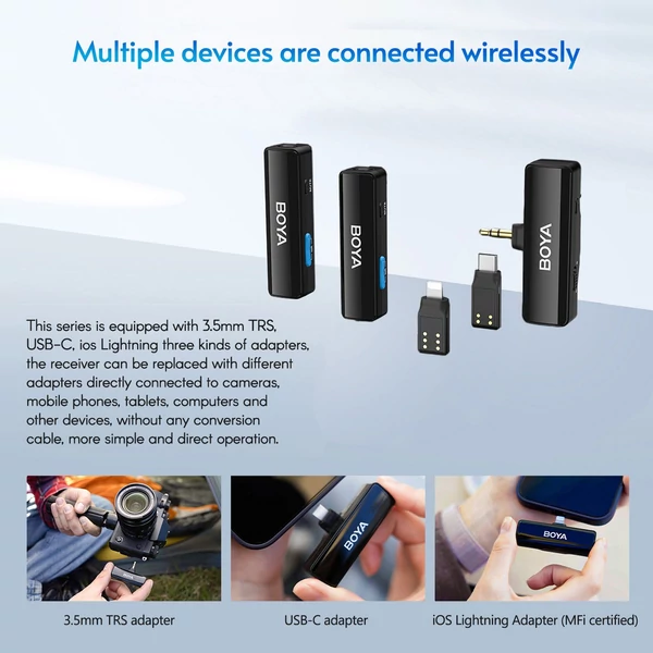 BOYA BOYALINK A2 2,4 GHz vezeték nélküli Lavalier Clip-on mikrofonrendszer 100 m átviteli hatótáv, zajcsökkentés, automatikus szinkron vevővel + 2db adó + 3db adapter