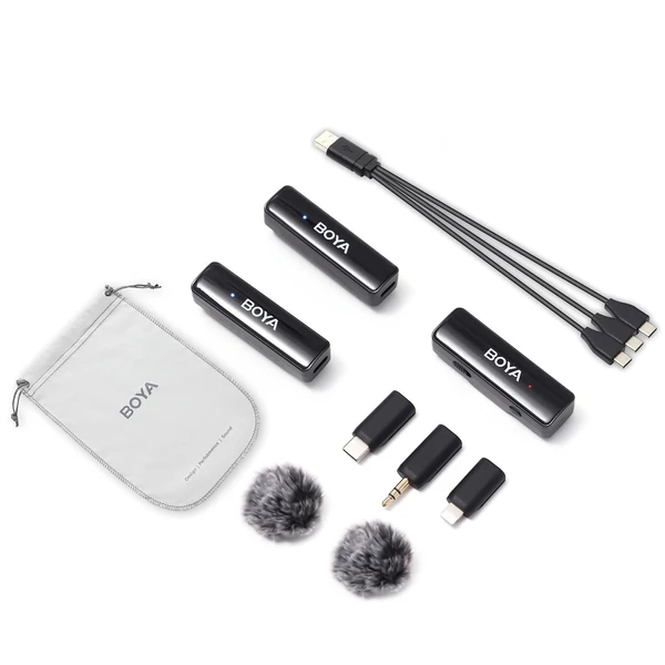 BOYA BOYALINK A2 2,4 GHz vezeték nélküli Lavalier Clip-on mikrofonrendszer 100 m átviteli hatótáv, zajcsökkentés, automatikus szinkron vevővel + 2db adó + 3db adapter