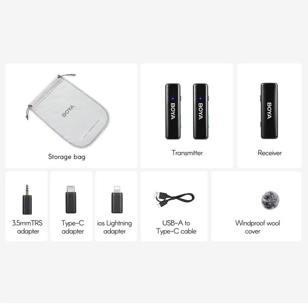 BOYA BOYALINK A2 2,4 GHz vezeték nélküli Lavalier Clip-on mikrofonrendszer 100 m átviteli hatótáv, zajcsökkentés, automatikus szinkron vevővel + 2db adó + 3db adapter