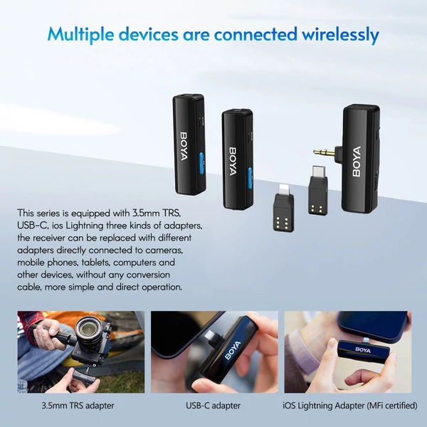 BOYA BOYALINK A2 2,4 GHz vezeték nélküli Lavalier Clip-on mikrofonrendszer 100 m átviteli hatótáv, zajcsökkentés, automatikus szinkron vevővel + 2db adó + 3db adapter