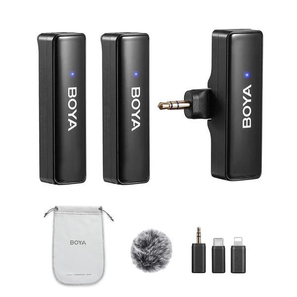 BOYA BOYALINK A2 2,4 GHz vezeték nélküli Lavalier Clip-on mikrofonrendszer 100 m átviteli hatótáv, zajcsökkentés, automatikus szinkron vevővel + 2db adó + 3db adapter