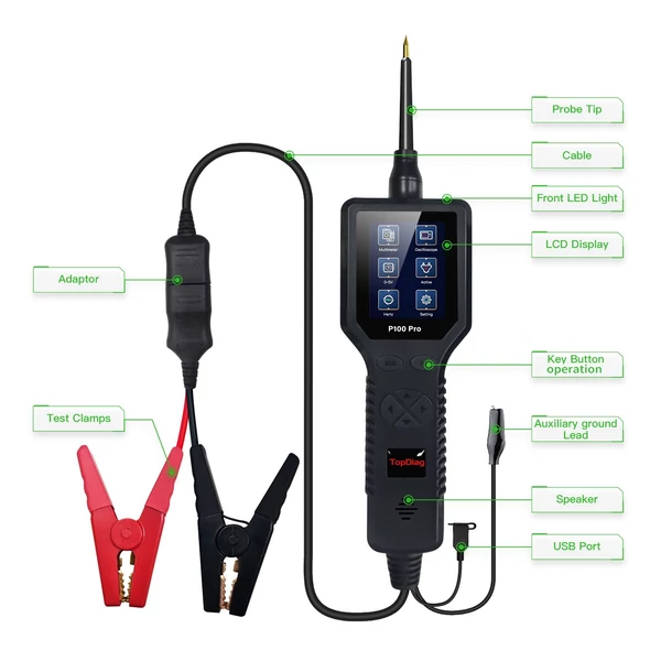 TopDiag P100 Pro 9-30V autós áramkörvizsgáló gépkocsi áramkör-diagnosztikai teszter - Fekete