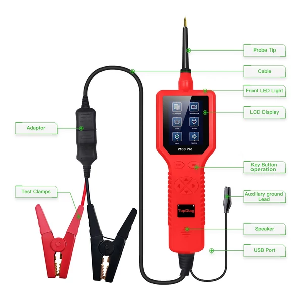 TopDiag P100 Pro 9-30V autós áramkörvizsgáló gépkocsi áramkör-diagnosztikai teszter - Piros