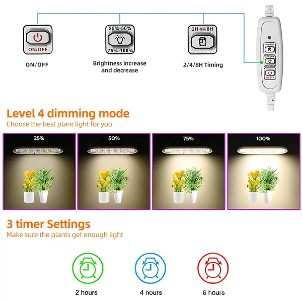 LED keltető lámpa teljes spektrumú 10 W 2 óra/4 óra/8 óra időzítő, 4 szabályozható fokozat - Fehér